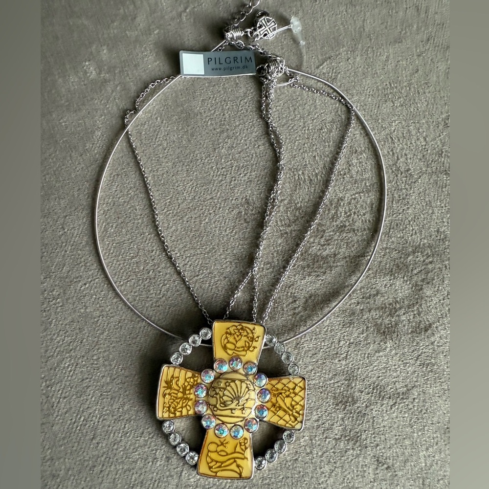 Pilgrim Gold and Silver-Tone Cross Pendant Necklace with Iridescent Crystals